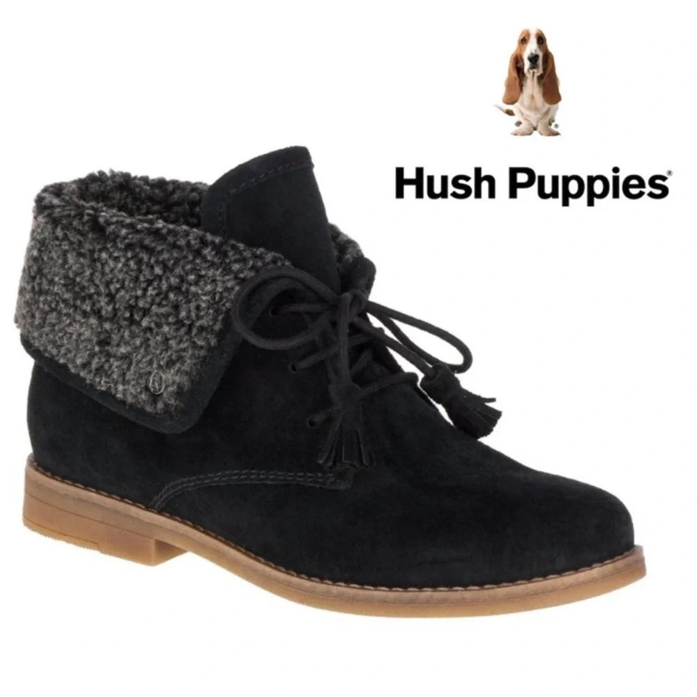 Hush Puppies Women's Suede Leather Ankle Black Boots Wool Lining